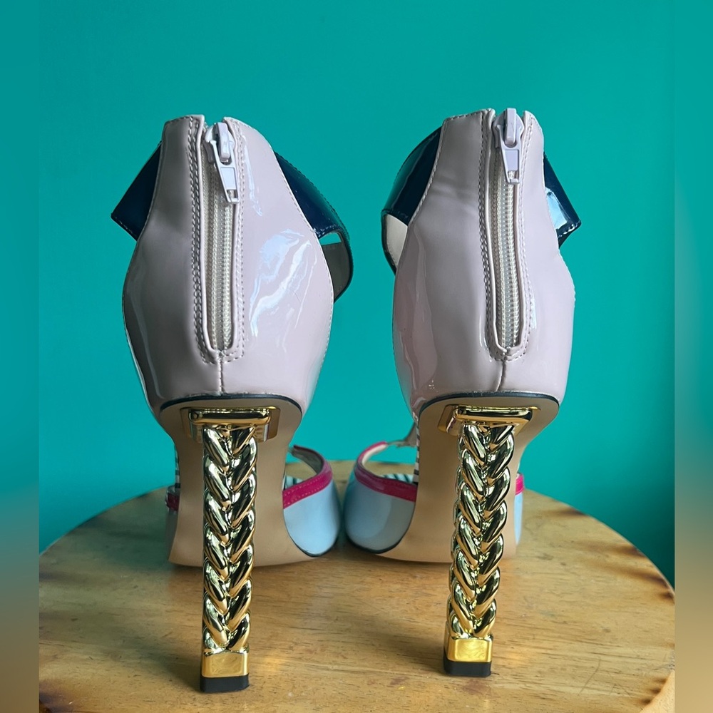 FSJ Multicolor Patent Leather T-Strap Heels | Gold Chain Block Heel | 8.5 - Picture 6 of 8